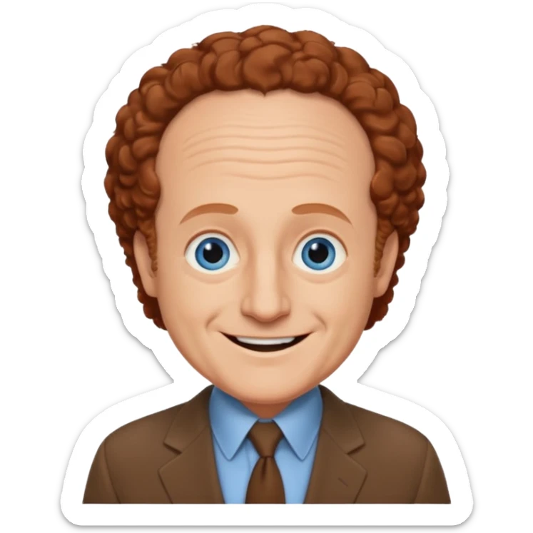 Larry Fine from the Three Stooges with blue eyes, reddish brown hair, brown suit sticker