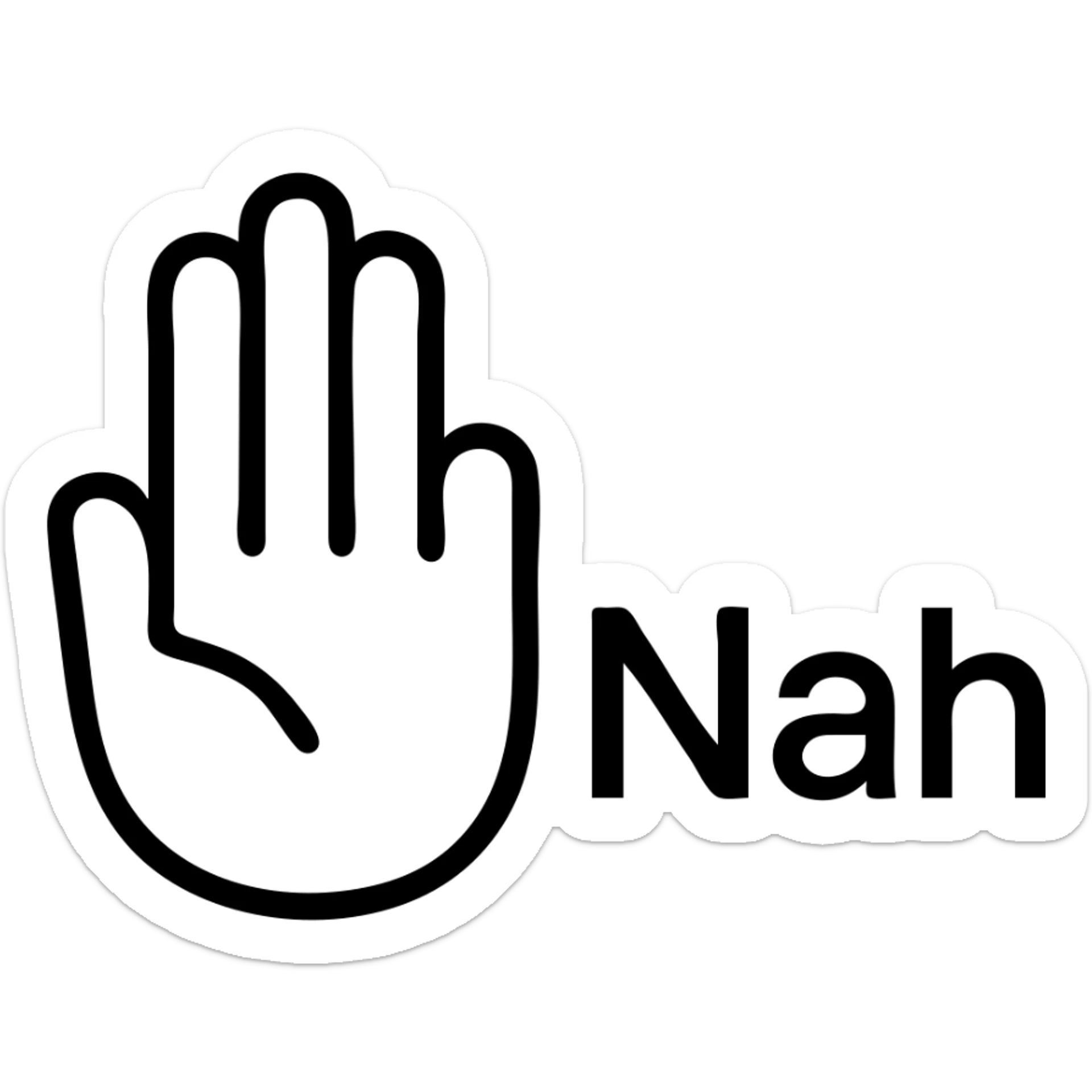 icon of the word 'Nah' with a hand gesture palm out, minimal, outlined style sticker