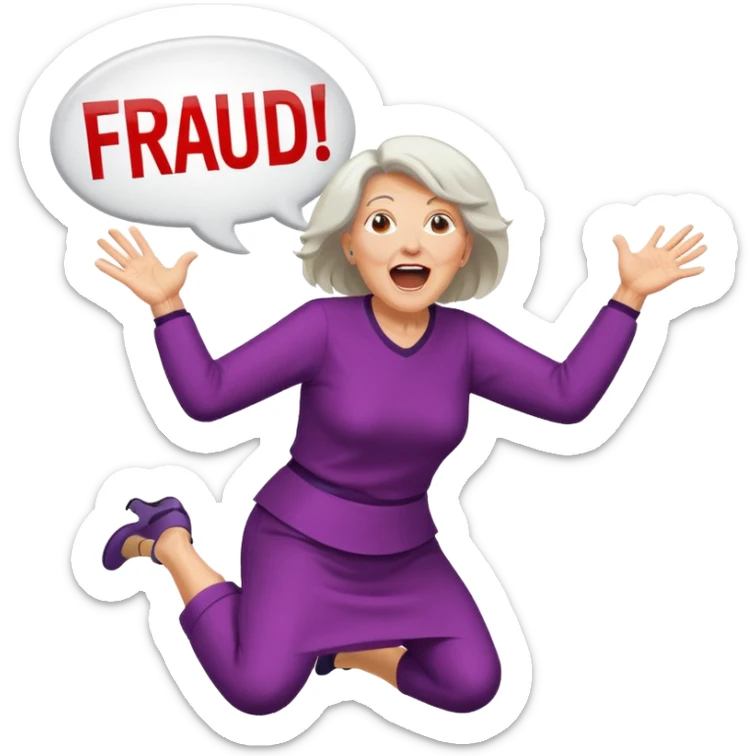 Older Woman jumping screaming and word “fraud” in a bubble sticker