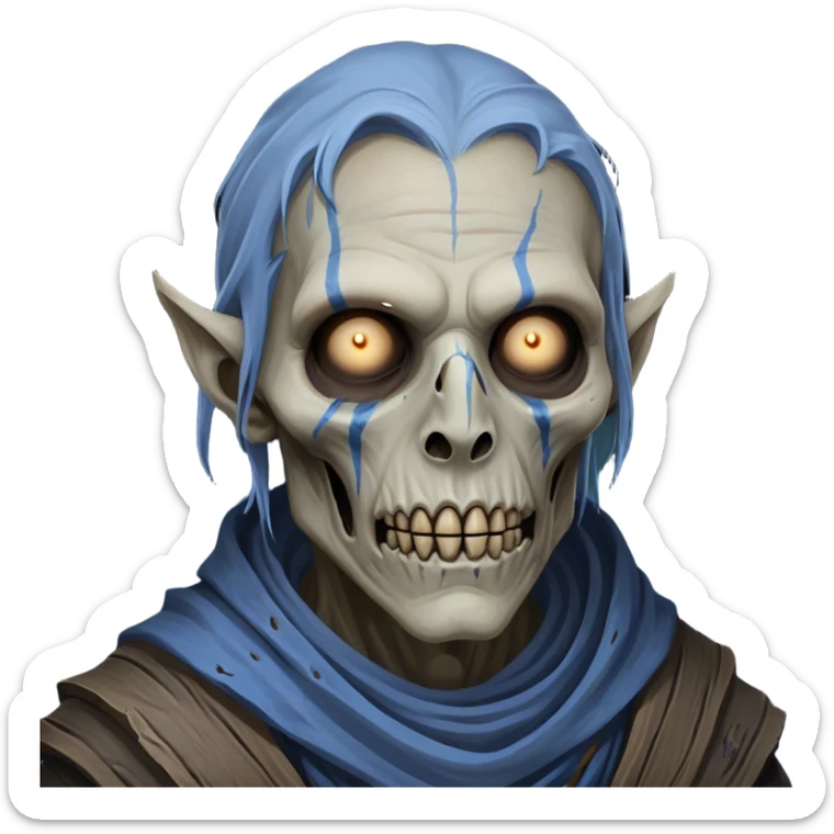 Cinematic Realistic WoW undead civilian Portrait, depicted with decayed yet noble features, his weathered, pallid skin etched with ghostly blue veins and ancient scars. Clad in modest, tattered attire in muted browns and greys that remain consistently rugged, his hollow eyes burn with determined defiance. Rendered with lifelike texture and dramatic natural lighting, high shine, noble and resilient, capturing the stoic spirit of an undead veteran of Azeroth. sticker