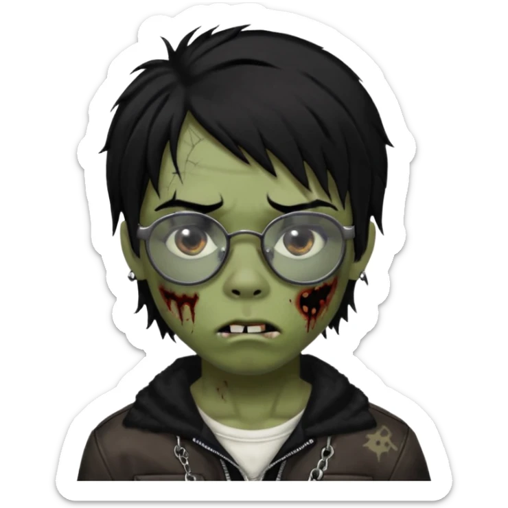 Boy, zombie, black hair, medium long, emo, shaggy, dark, spooky, creepy expression emoji, add dolce gabanna glasses, a risk on the eyebrow, some tattos  sticker