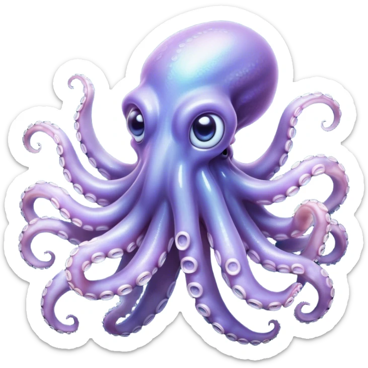 Cinematic Noble Octopus Portrait Emoji, Poised and enigmatic, with a fluid, amorphous body of iridescent, softly tinted skin and eight gracefully undulating arms adorned with delicate suckers, deep, observant eyes reflecting the mysteries of the deep, Simplified yet sharp and sophisticated features, highly detailed, glowing with a soft, oceanic luminescence, high shine, intelligent and mysterious, stylized with an air of deep-sea elegance, focused and fluid, soft glowing outline, capturing the essence of a watchful marine guardian that appears ready to drift out of the screen with effortless authority! sticker