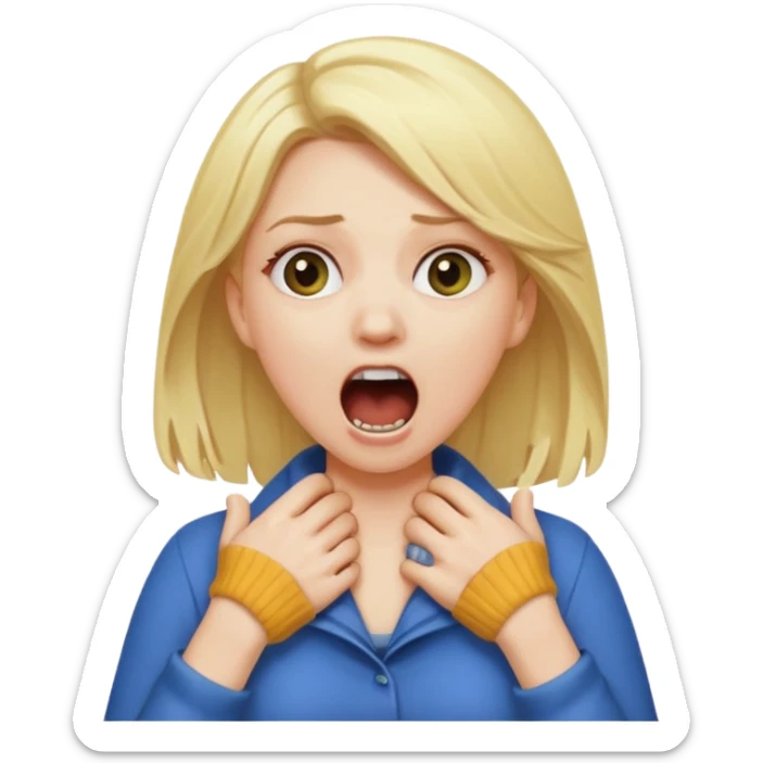 White girl with blonde hair with her hands around her neck screaming sticker