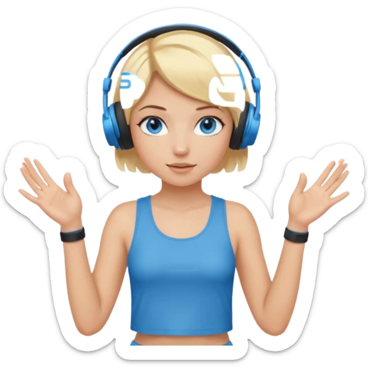 girl with blonde and middle short hair and blue eys with heands telling what, having heaphones on head, and short  sticker