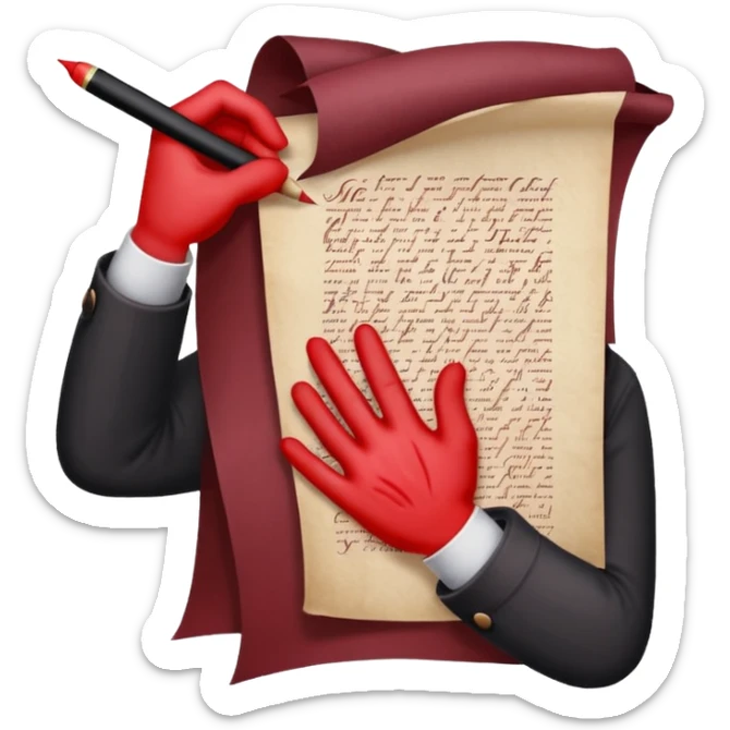 Minimalist emoji-style sticker of a pale hand signing a parchment contract titled “YOUR SOUL” in gothic font, muted red ink, grayscale background sticker