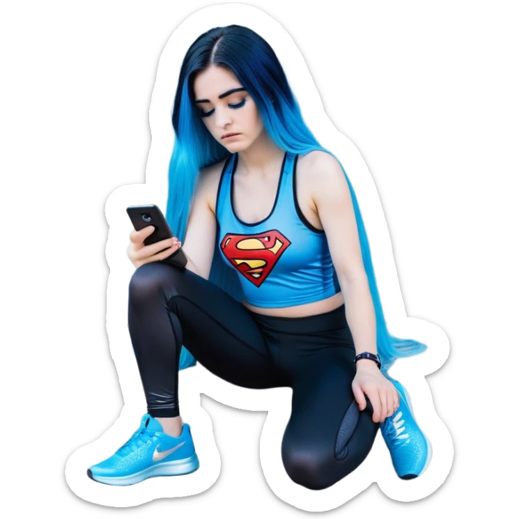 Shameful disappointed crying-very very very very big chest-texting on a samsung cell phone-very long straight flowing black to sky blue hair ombre-blue eyes-black eyeliner-long eyelashes-plastic sparkling sky blue very low cut tank top with sparkling superman logo-black leggings-nike sneakers sticker