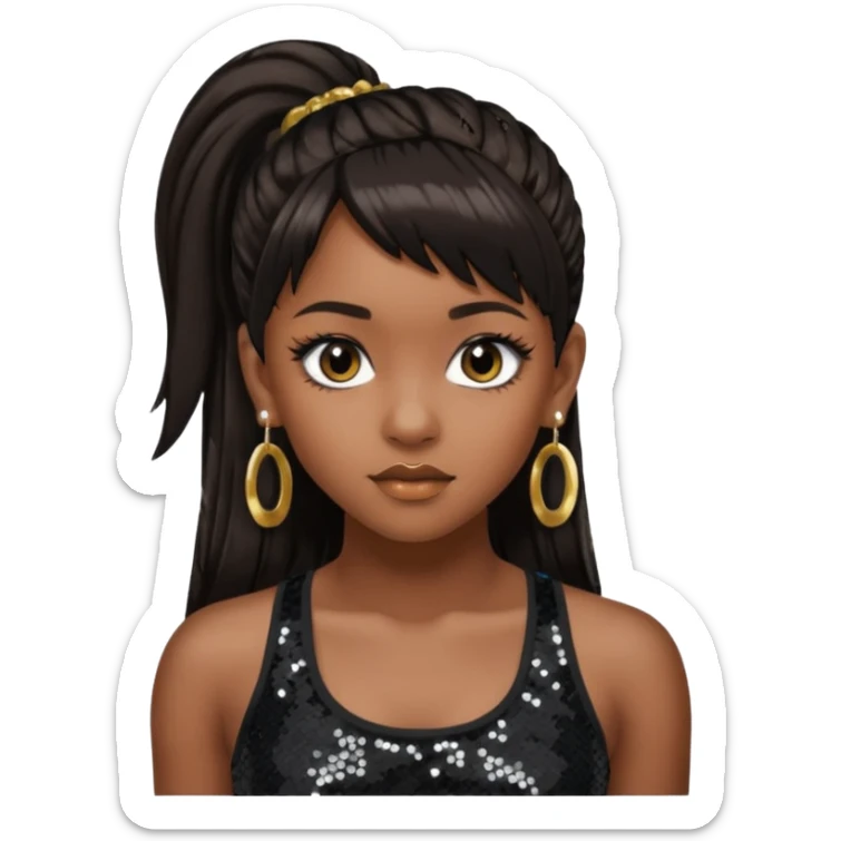 Left Eye from TLC with long dark brown ponytail hair, black sequin crop top, black earring sticker