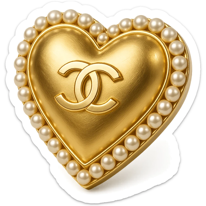 Elegant heart in metallic gold with a pearl border, Chanel interlocking C's at the center, classic luxury sticker