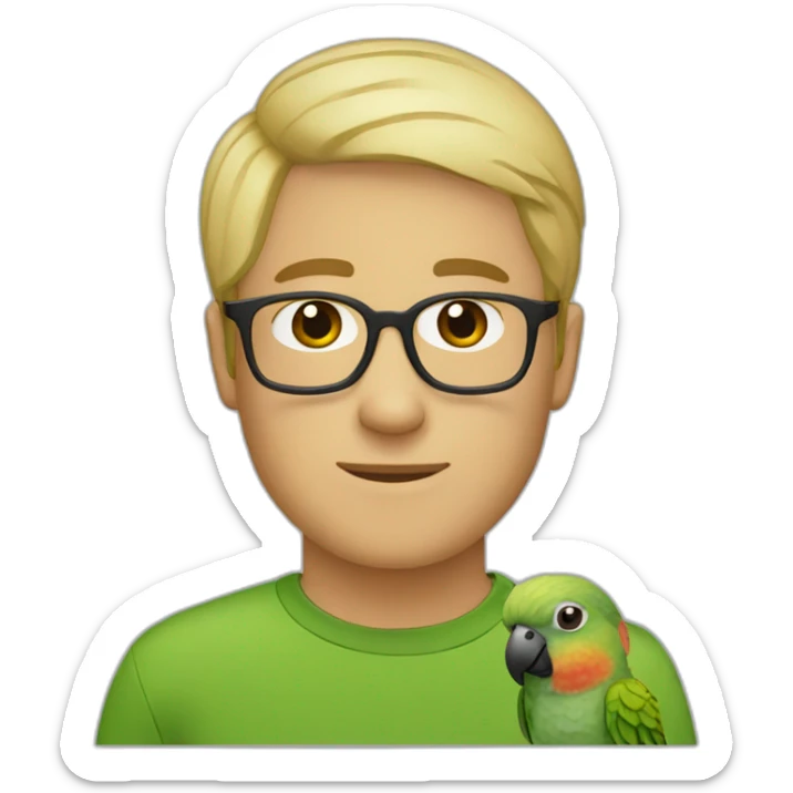 short-haired blonde man with glasses and a green cheeked conure on his shoulder sticker