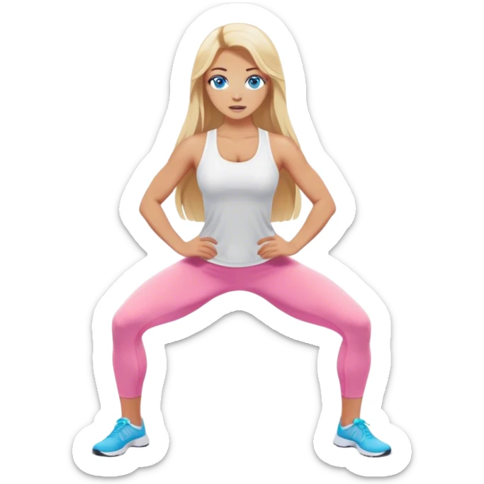 A cinematically realistic blonde with long hair and blue eyes, dressed in a white top and pink leggings, does a sports exercise called lunges sticker