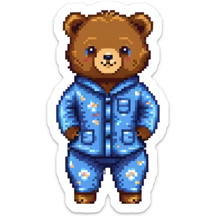cute bear in blue pajamas, pixel art style, pixel art, adorable, cozy, blue pajamas sticker