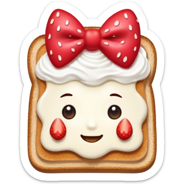 square toast topped with fluffy white cream, decorated with a strawberry bow made from two strawberry center, bright red and glossy sticker