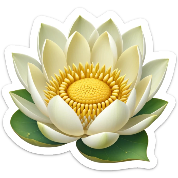 White lotus flower with botanically accurate yellow seedpod center showing honeycomb-like pattern of seed chambers, surrounded by white petals and accurate notched lotus leaf sticker