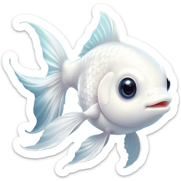 Cinematic Cute White Goldfish Portrait Emoji, Head tilted playfully and inquisitively, featuring a glossy, pure white body with delicate, shimmering scales and round, sparkling pale eyes filled with curiosity, Simplified yet irresistibly adorable features, highly detailed, glowing with a warm, friendly glow, high shine, affectionate and lively, stylized with a touch of whimsy, bright and endearing, soft glowing outline, capturing the essence of a mischievous yet loving goldfish, so playful it feels like it could swim out of the screen and into your heart! sticker