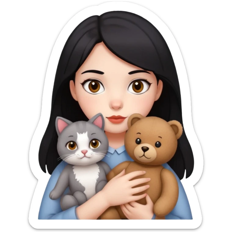 A girl with drak eyes, red cheeks, black hair with a white face, holding a British gray cat and a brown teddy bear sticker