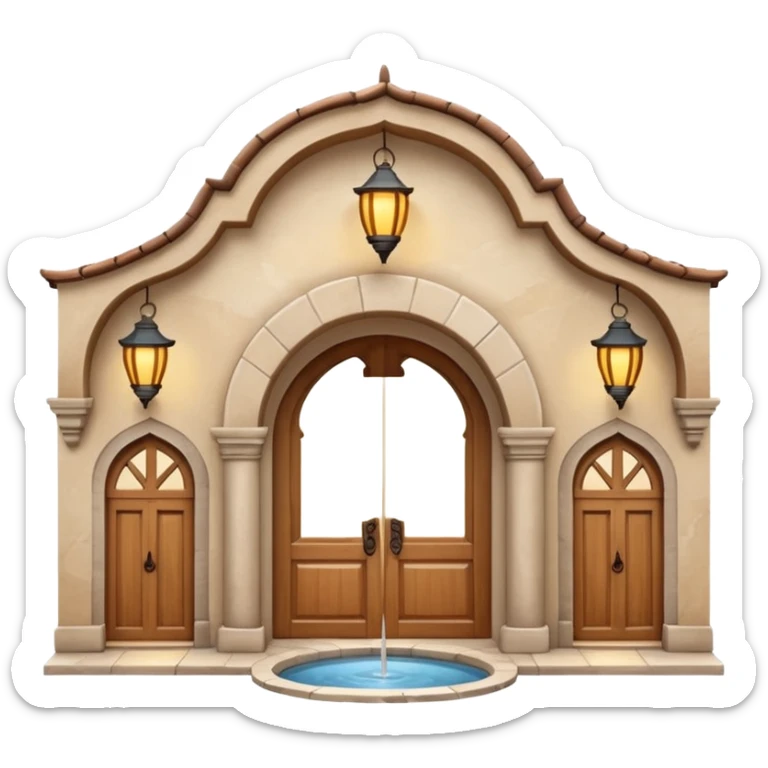 3D Apple-style emoji of a full traditional Turkish han. Rounded stone building with arched wooden doors and windows, small courtyard, fountain, arches, and hanging lanterns. Glossy, smooth, soft shadows, clean white background.






 sticker