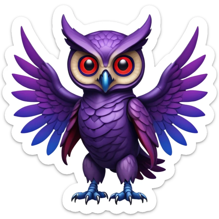Owl xenomorph hybrid front facing full body dark purple and blue and red sticker