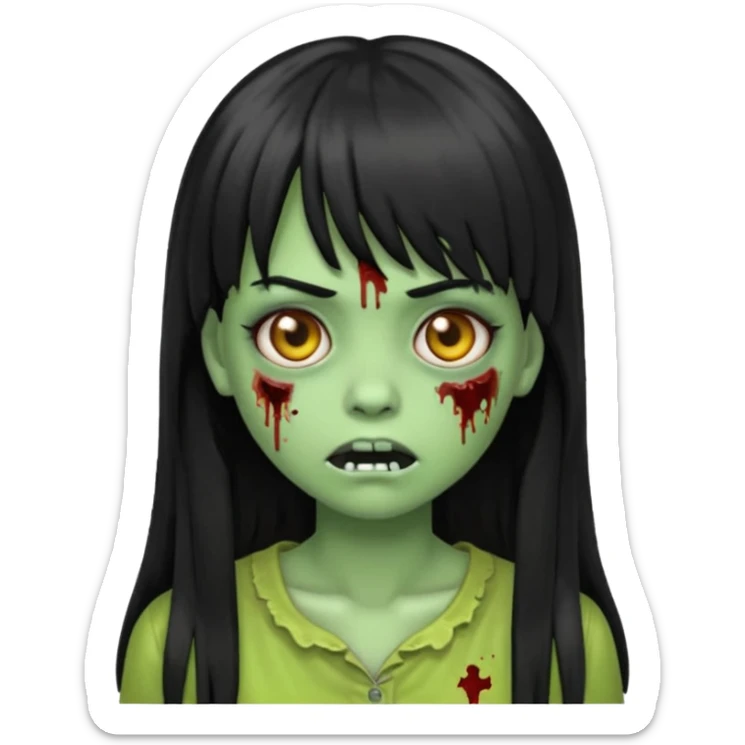 Zombie emoji girl, light green skin, black long hair with bangs sticker