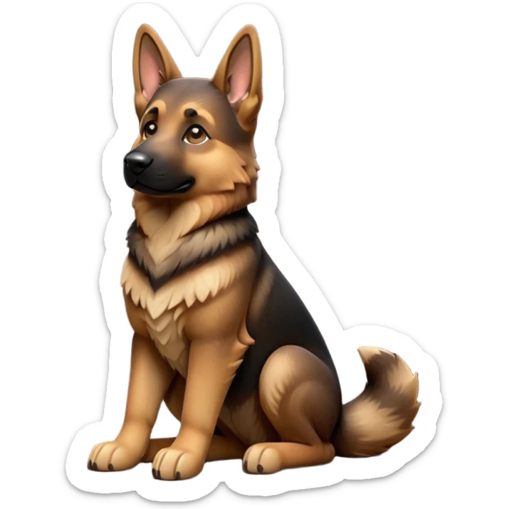 cinematic-[german shepherd]-realistic-full-body-sitting-emoji,-tail-resting-loosely-beside-its-paws,-head-tilted-dramatically,-sleek-[brown and black]-fur,-simplified-yet-realistic-focused-features,-highly-detailed,-glowing-with-an-almost-sarcastic-glow sticker