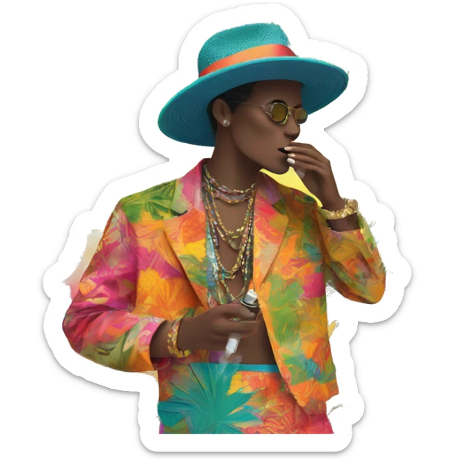 Person vaping wearing a colourful vibrant tropical patchwork of intricate vintage patterns, vape sticker