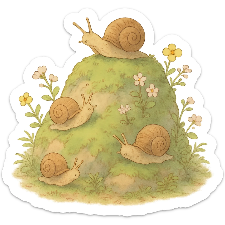 mossy rock with snails and small flowers in earthy pastel colors, ghibli style sticker