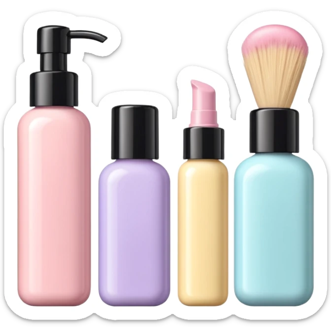 emoji of three different beauty products, with brand labels, minimalistic but luxury design (realistic), pastel colors sticker