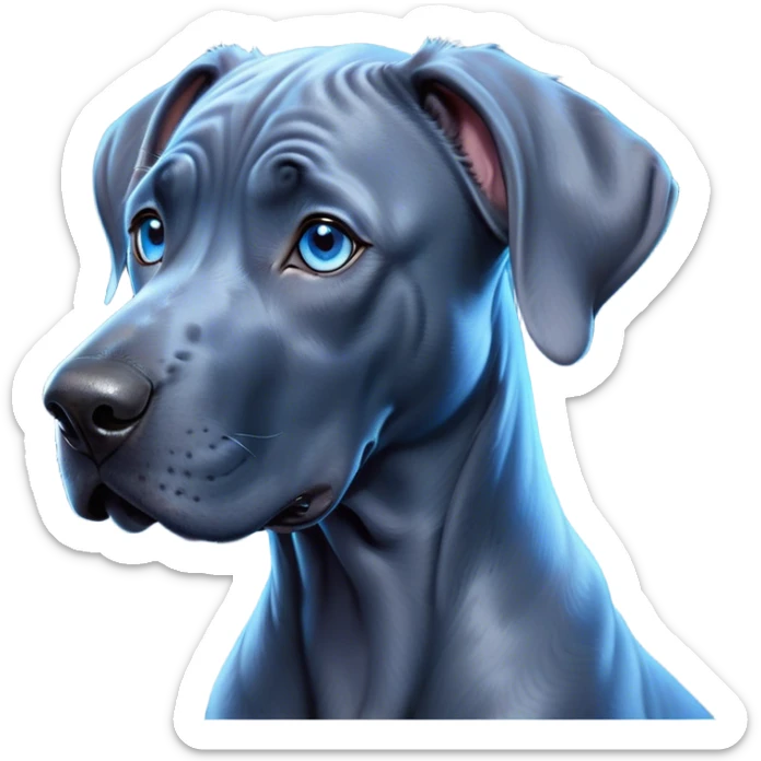 Cinematic Cute Blue Great Dane Portrait Emoji, Head tilted playfully and inquisitively, featuring a glossy blue Fur with a refined sheen, round, sparkling steel-blue eyes filled with curiosity, Simplified yet irresistibly adorable features, highly detailed, glowing with a warm, friendly glow, high shine, affectionate and gentle, stylized with a touch of whimsy, bright and endearing, soft glowing outline, capturing the essence of a mischievous yet loving pup, so playful it feels like it could lumber out of the screen and into your arms! sticker
