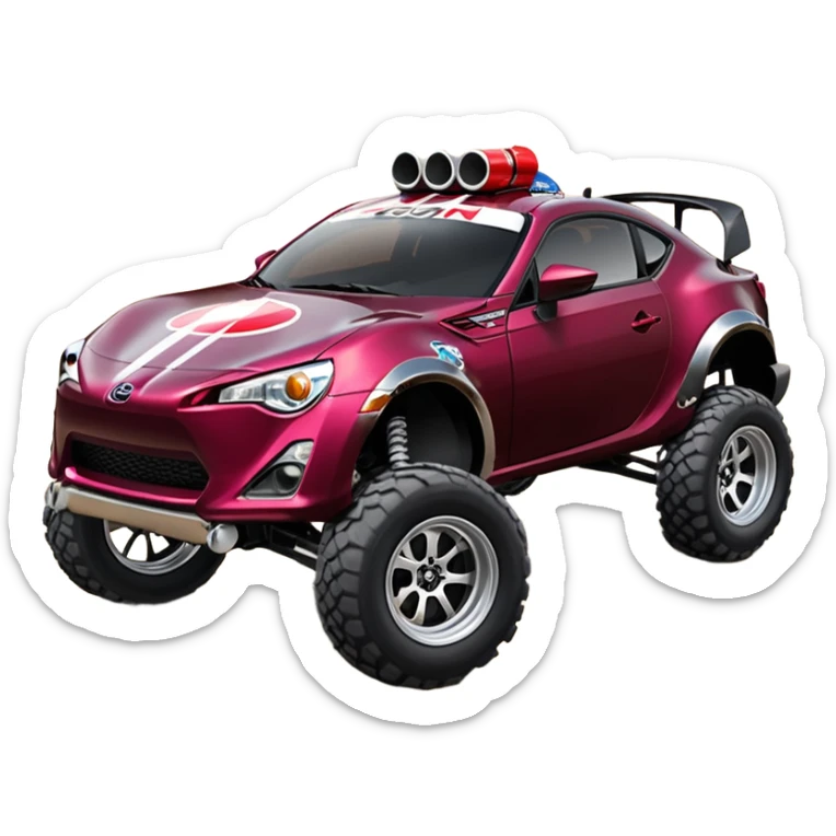 Extended wheelbase 2013 scion fr-s dark black cherry off road 4wd monster Baja dessert stadium racer number 86 with long travel suspension, shiny silver wheels, exaggerated black fender flares made out of Pepsi cans  sticker