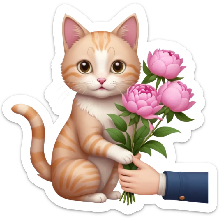 Cute cat Handing pink peonies like reaching a hand and handing them out a bouquet of them with a couquette sticker