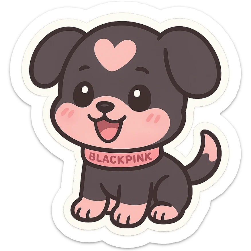 BLACKPINK-inspired chibi sticker, black and pink puppy, cheerful and sweet sticker