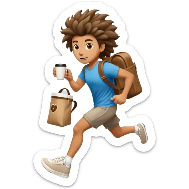 cartoon character with wild hair, running with coffee and bag, urban setting sticker