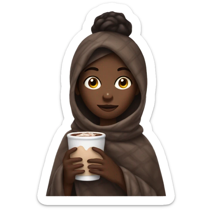dark brown skin girl covered in a blanket holding hot chocolate  sticker