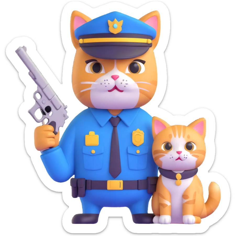 a police officer and a cat, the cat holding a small gun, both looking surprised sticker