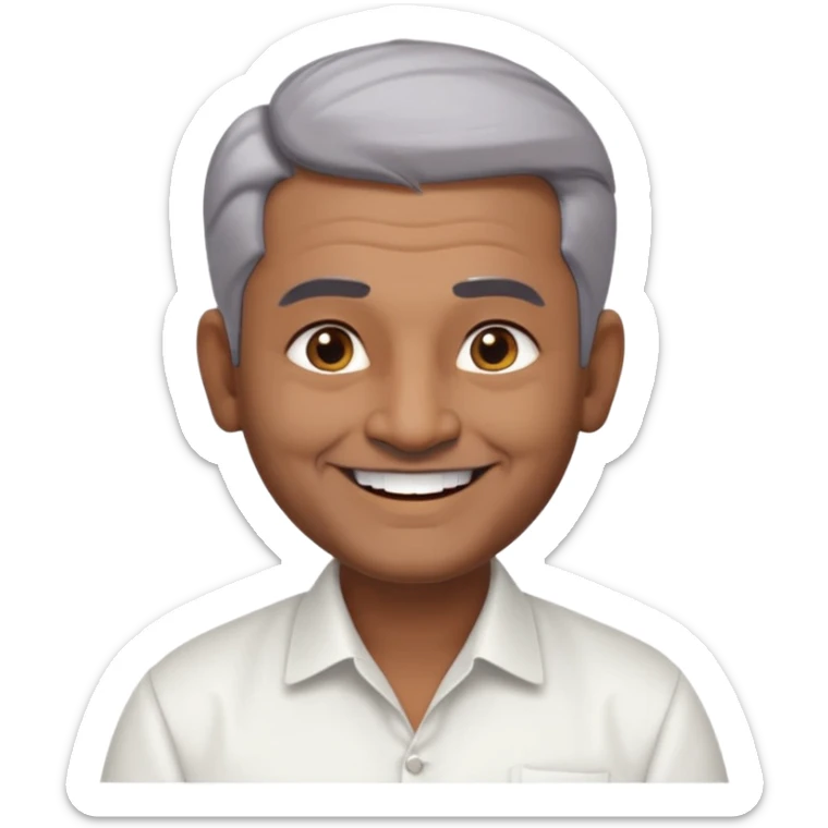 50 yr old indian man, dark skin, grey hair, big smile, white teeth, chubby, no moustache, clean shaven, young style hair, hair brushed back, 5 oclock shadow, bindy on forehead, dress shirt sticker