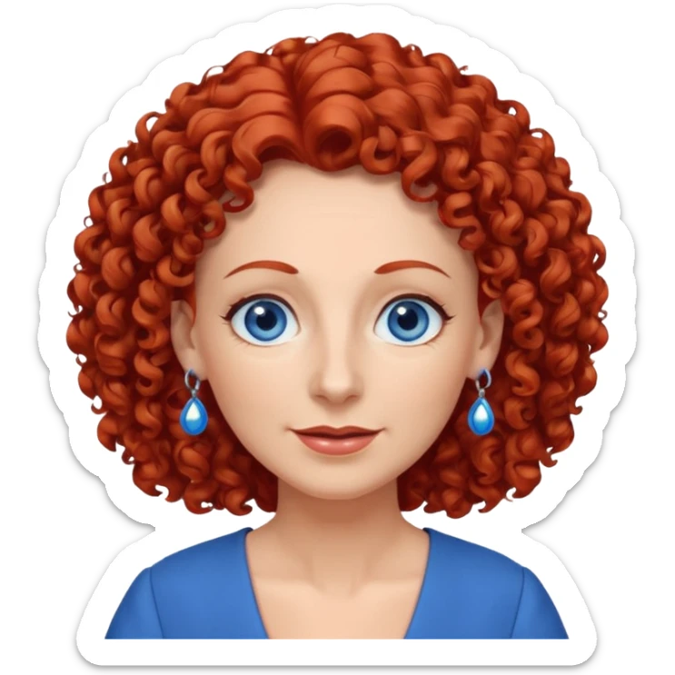 una profesora mayor simpática con el pelo rojo rizado, ojos azules, vestido azul y pendientes azules hablando sticker