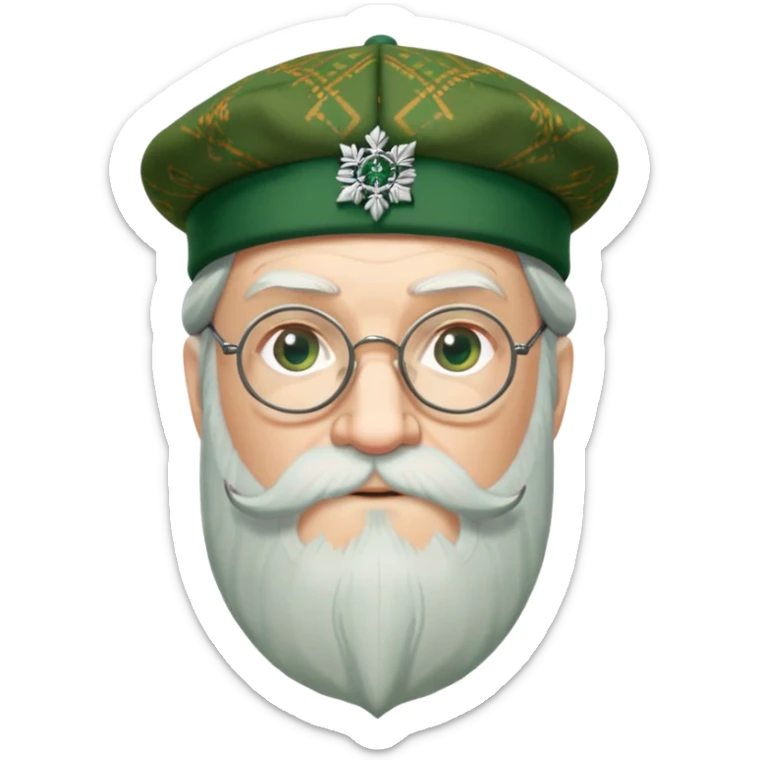 Dumbledore wear green scotland Tam o'shanter cap with decorative patterns, wear glasses, very long beard sticker