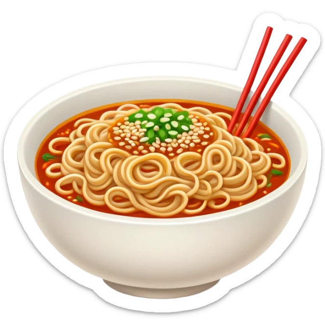 Wuhan hot dry noodles with sesame paste, simplified emoji style with bold outlines and bright colors, cartoon style Chinese noodle bowl sticker