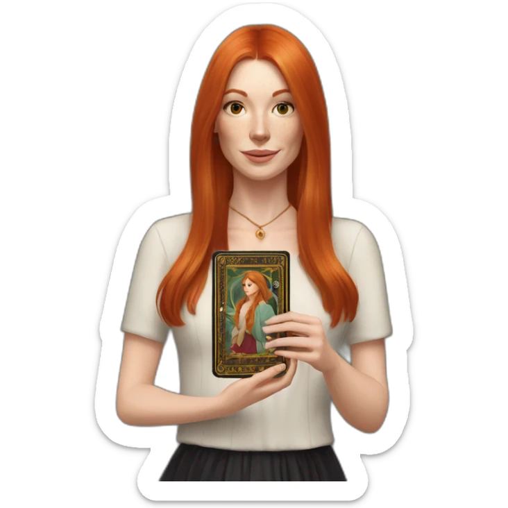 redhead white woman medium long straight hair, holding a tarot card in her hand sticker