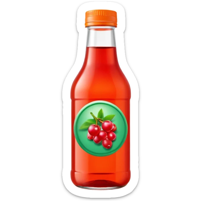 bottle of red berry juice, transparent or semi-transparent, simple screw cap green or orange or white, blank label optional, glass or PET plastic, iconic slim shape, vibrant liquid, soft lighting, 3D clean style, transparent background sticker