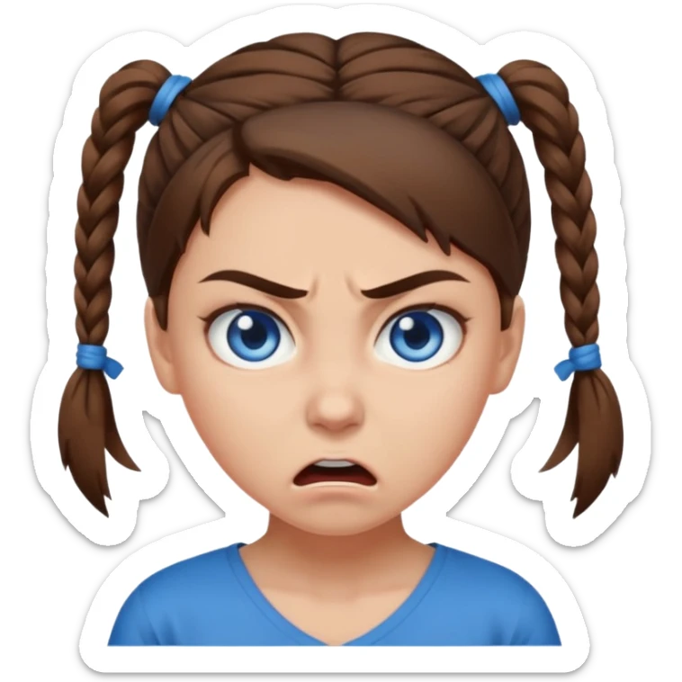 girl with blue eyes, brown hair tied up, angry sticker