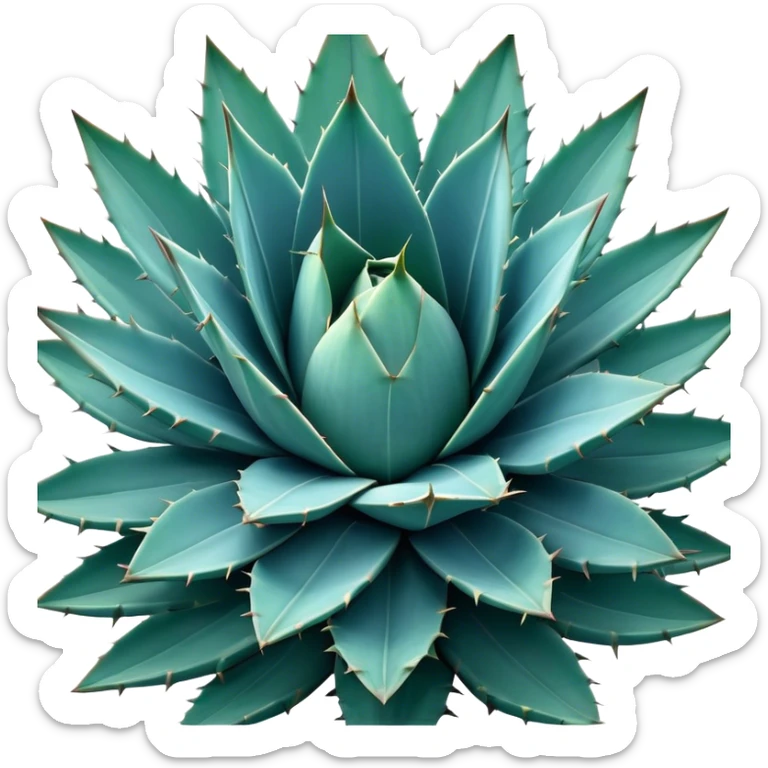 Cinematic Realistic Agave Emoji, Bold and spiky, with long, pointed leaves forming a rosette pattern. The sharp edges and soft blue-green hue exude a sense of rugged beauty and desert resilience. Soft glowing outline, capturing the essence of survival and strength in a striking agave plant! sticker