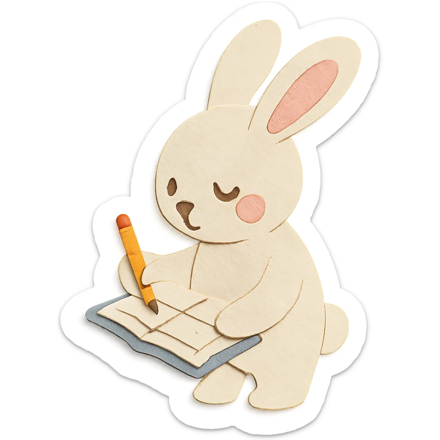 highly detailed, high quality paper craft style illustration of a cream-colored bunny standing and writing in a planner, intricate textures, soft lighting, delicate cut-paper details sticker
