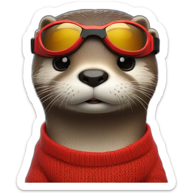 An otter weathering a red jumper with a pair of colour matching goggles looking off into the distance sticker