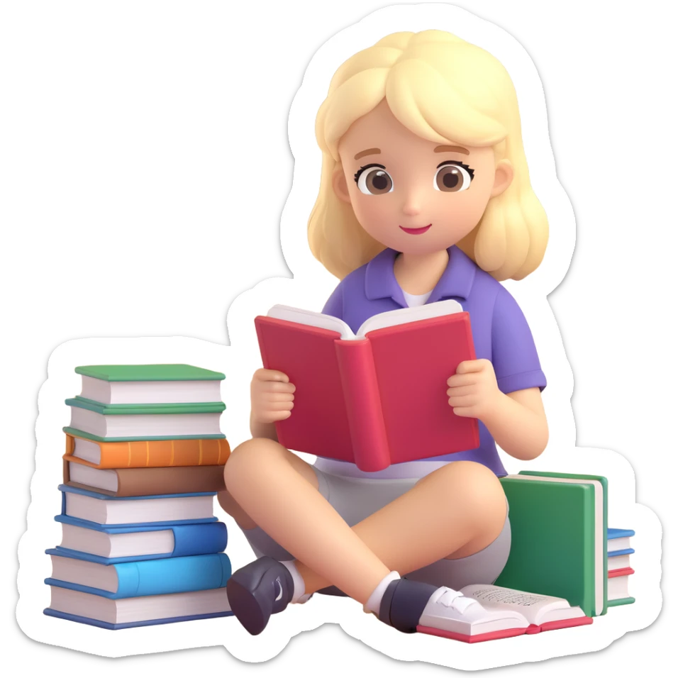 cute blonde girl reading books studying teen no scenery  sticker