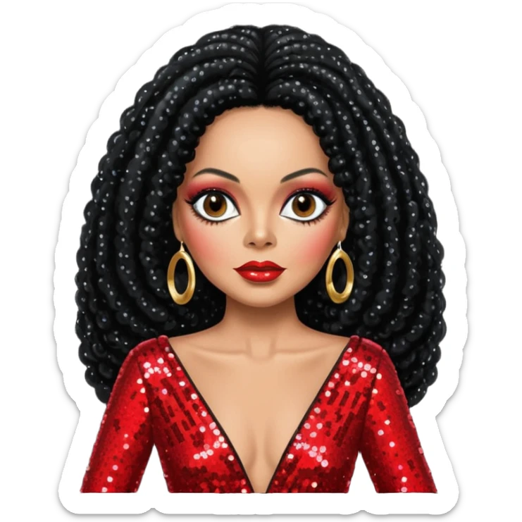 Diana Ross with long jet black hair, red sequin outfit  sticker
