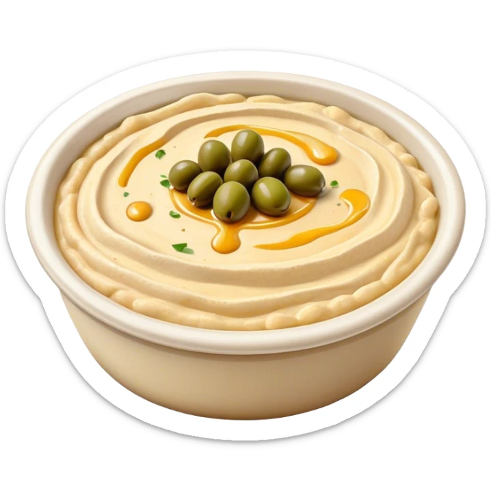 Cinematic Realistic Hummus Dish Emoji, depicted as a creamy chickpea dip drizzled with olive oil rendered with rich textures and warm, inviting lighting. sticker
