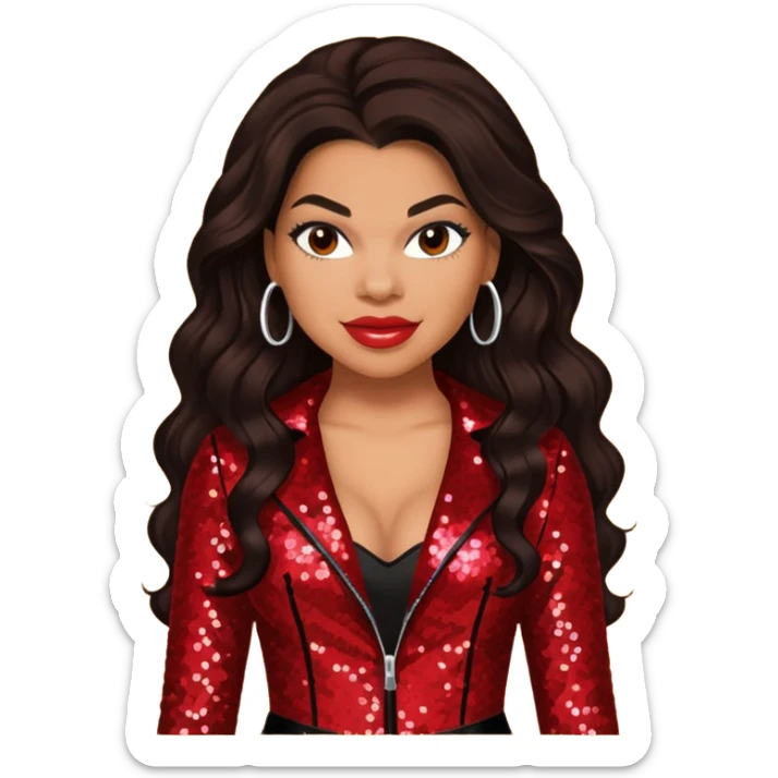Jordin Sparks with long dark brown hair, red sequin outfit sticker