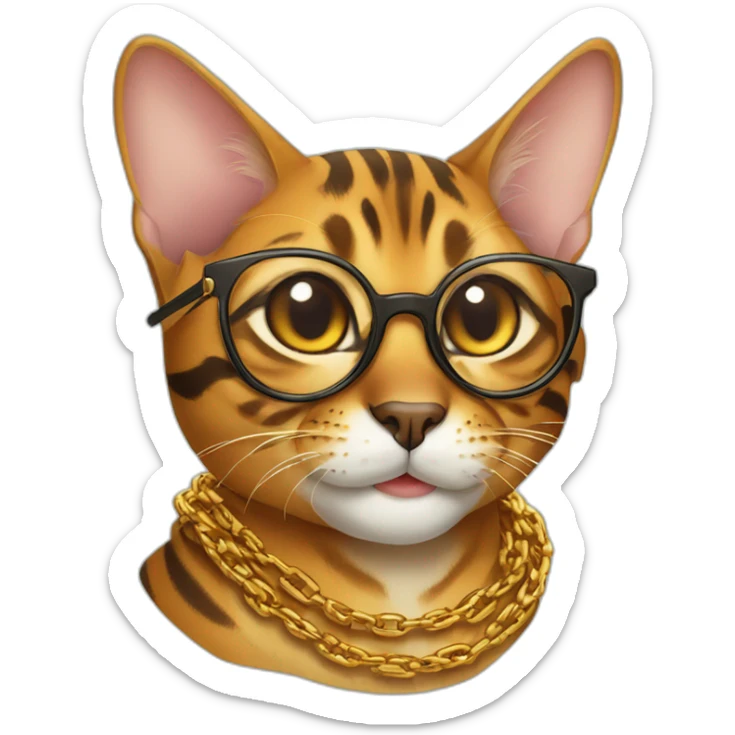 a Bengal cat wearing glasses with a golden chain around its neck, smiling sticker