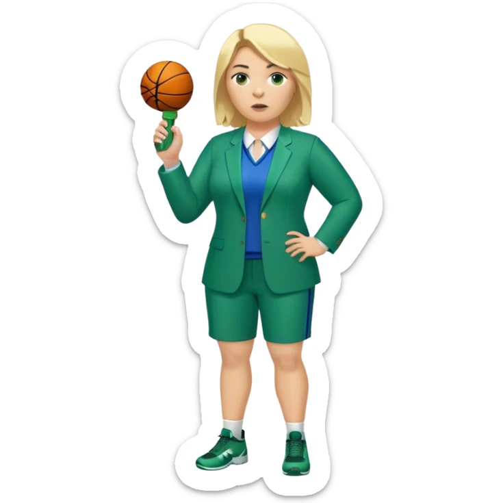 Full Body white plus size female basketball head coach with whistle  blonde hair shoulder length in a blue and green suit sticker