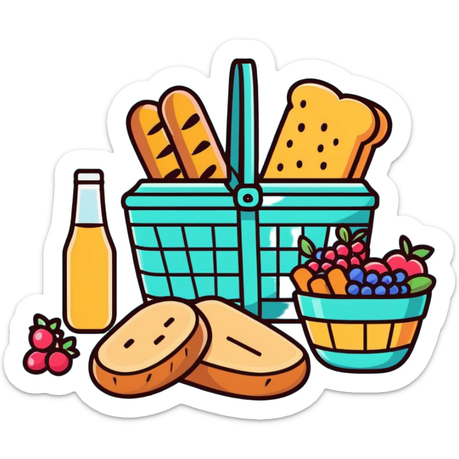 picnic basket with berries, bread, and flowers in warm pastel shades sticker